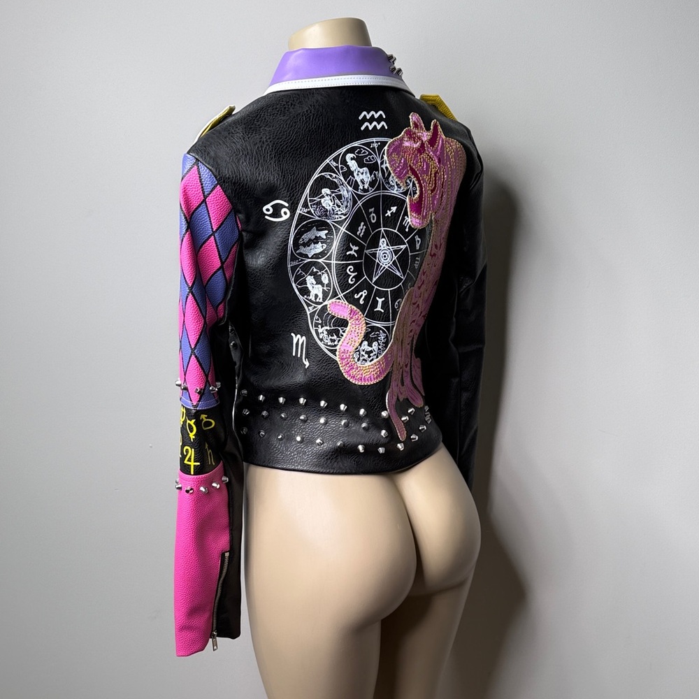 Studded Black Leather Biker Jacket with Pink & Purple Colorblock - Picture 5 of 8